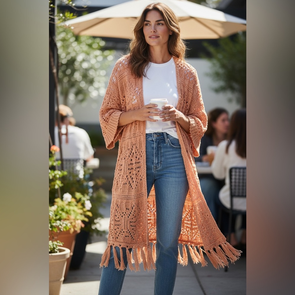 NKN Nekane Orange Zaniah Open Front Midi Kimono Cardigan Fringe Boho Size M/L